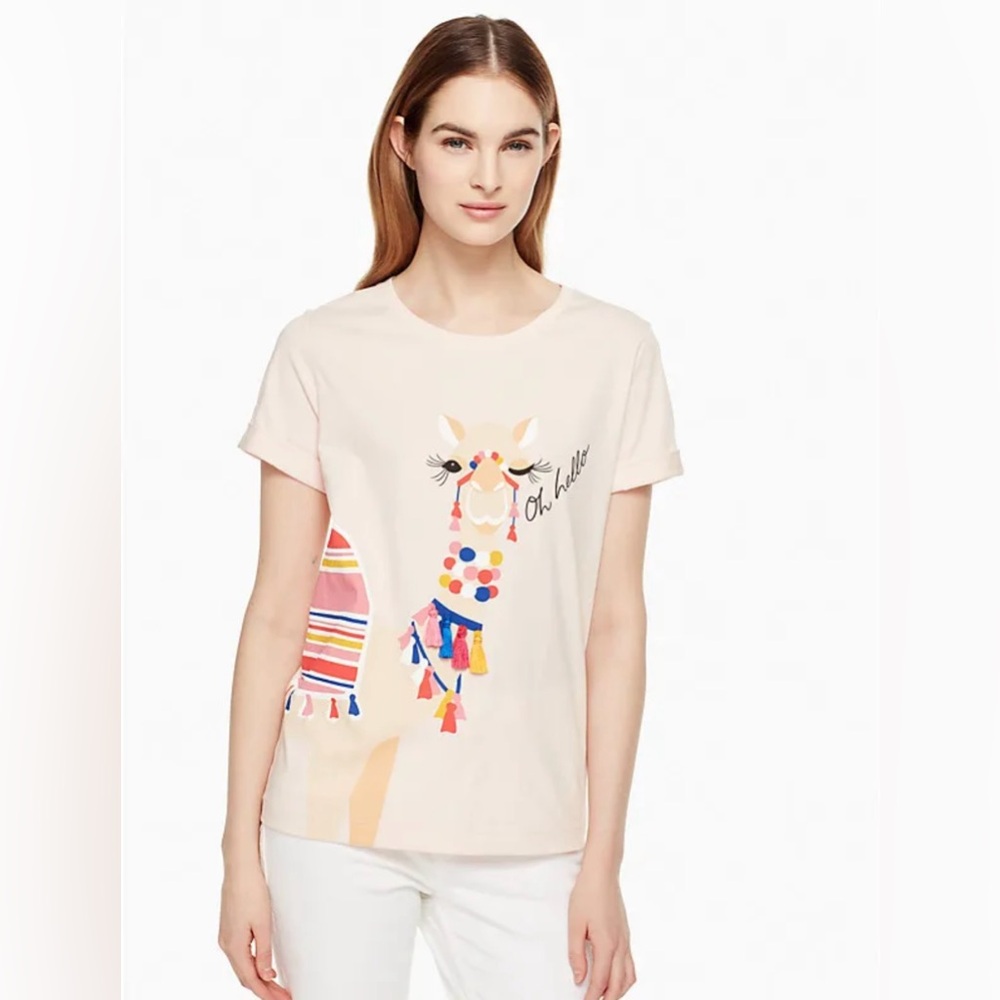 Kate Spade Broome Street Oh Hello Camel Tassel Pale Peach Coloured T-shirt Large